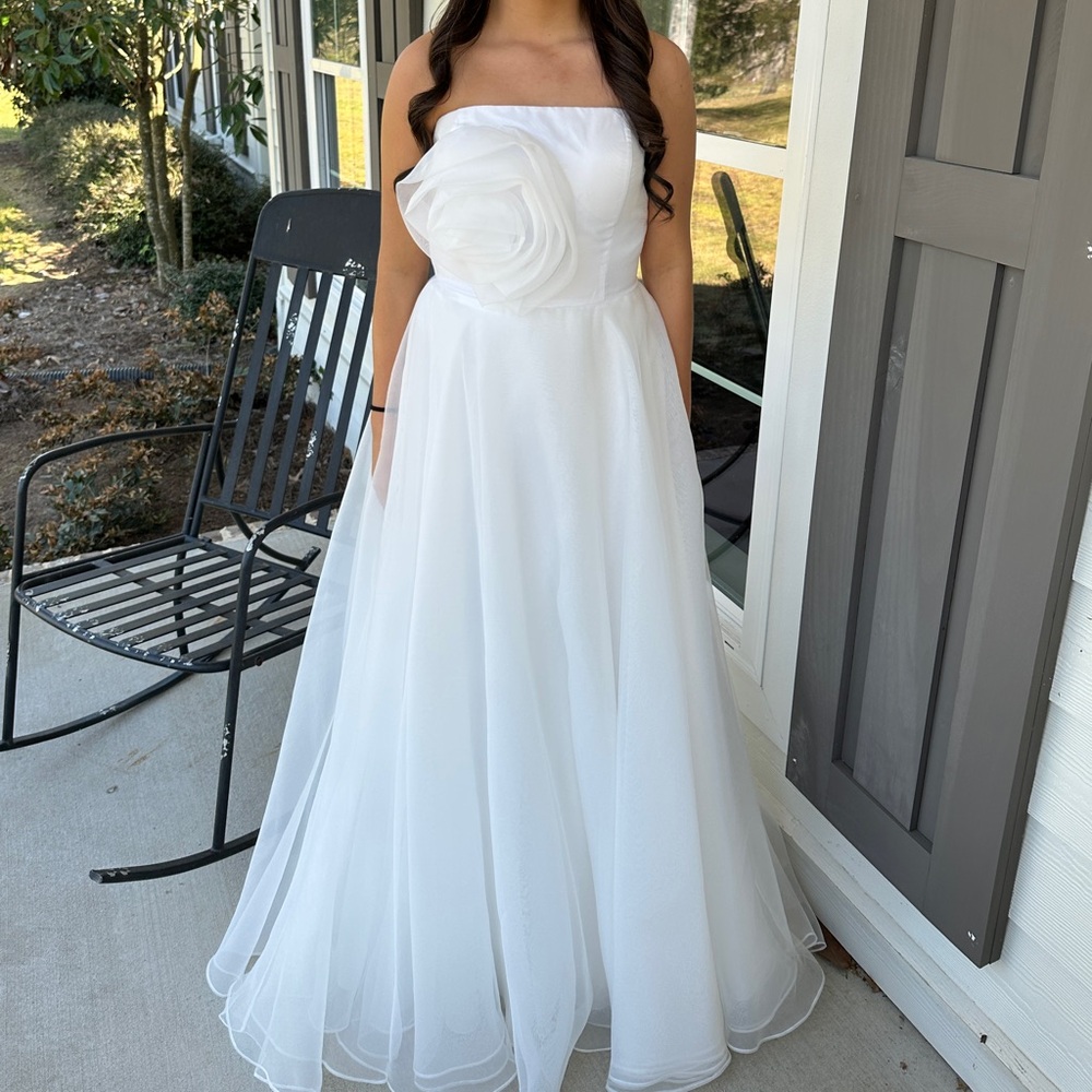 White Strapless Prom Gown with Rosette Bodice